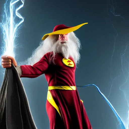 Prompt: Gandalf as DC Comics The Flash, dslr photo