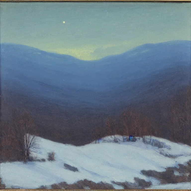 Image similar to new hampshire, mountains, winter, night, luminous, admiral blue palette, abbott handerson thayer, glaze oil painting