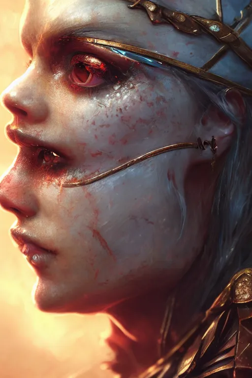 Prompt: vivid close up portrait of the young girl warrior, in style of Dark Souls 3 and Elden Ring, by Wlop, blue eyes, fantasy matte painting, golden ratio, trending on cgsociety, cinematic, highly detailed, trending on artstation, highly detailed, vibrant