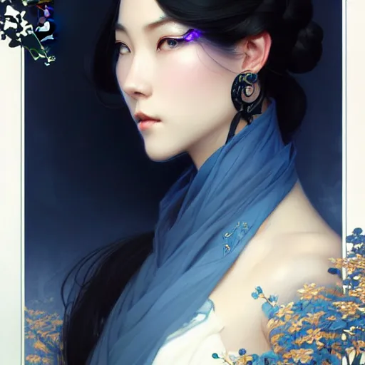 Image similar to ‘elegant Chinese princess, D&D, blue eyes, black hair, fantasy, intricate, elegant, highly detailed, digital painting, artstation, concept art, smooth, sharp focus, illustration, art by artgerm and greg rutkowski and alphonse mucha’