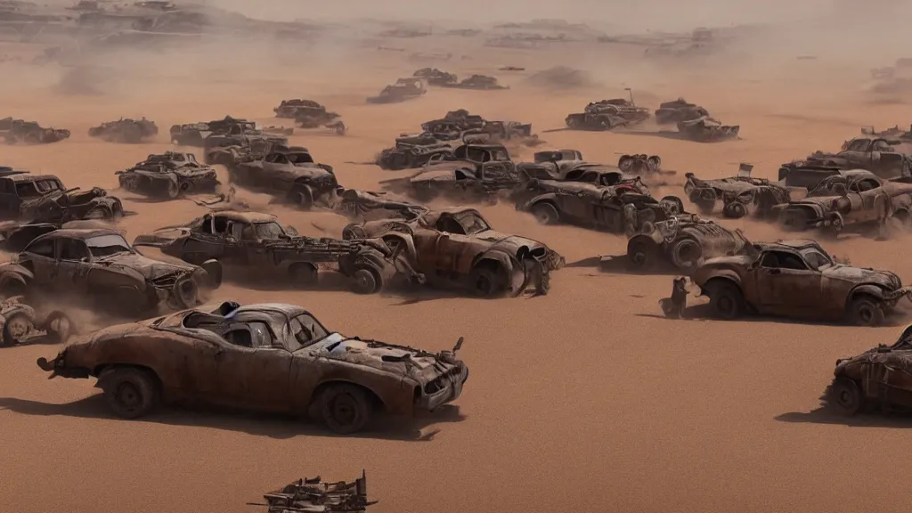Prompt: pixar cars in mad max fury road, war boys, furiosa, imax