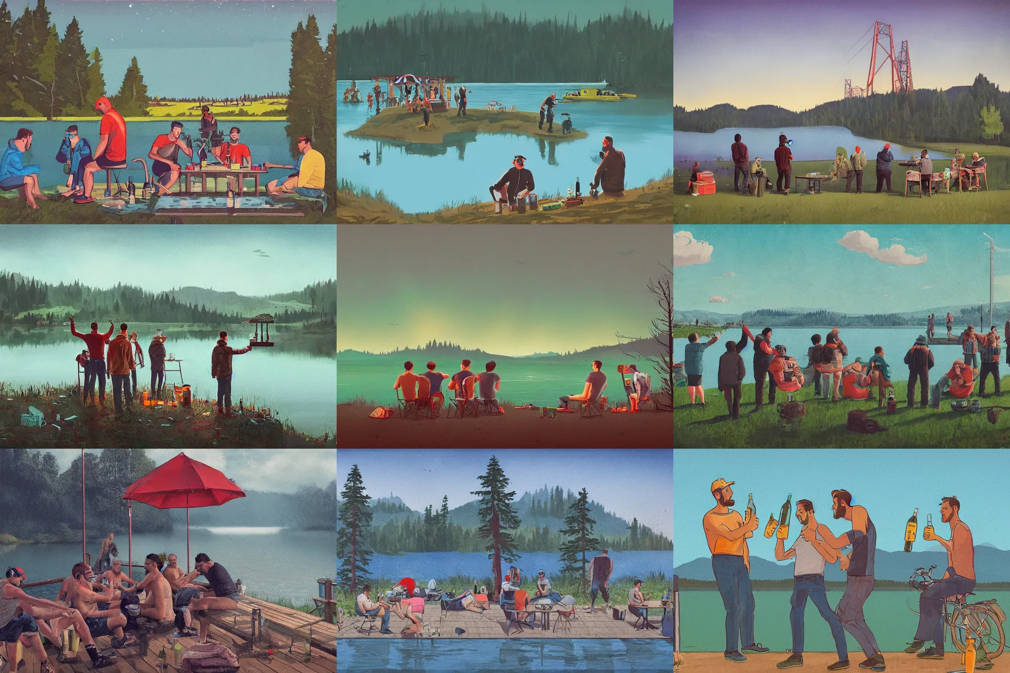 Prompt: mid - thirties guys binge drinking in front of a lake, in the style of simon stalenhag