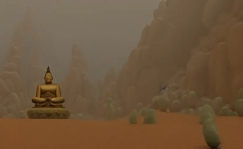 Prompt: a cell shaded movie still from a studio ghibli cartoon showing a highly detailed landscape with a giant living buddha statue marching through a valley in the desert. misty, depth perception, 4 k