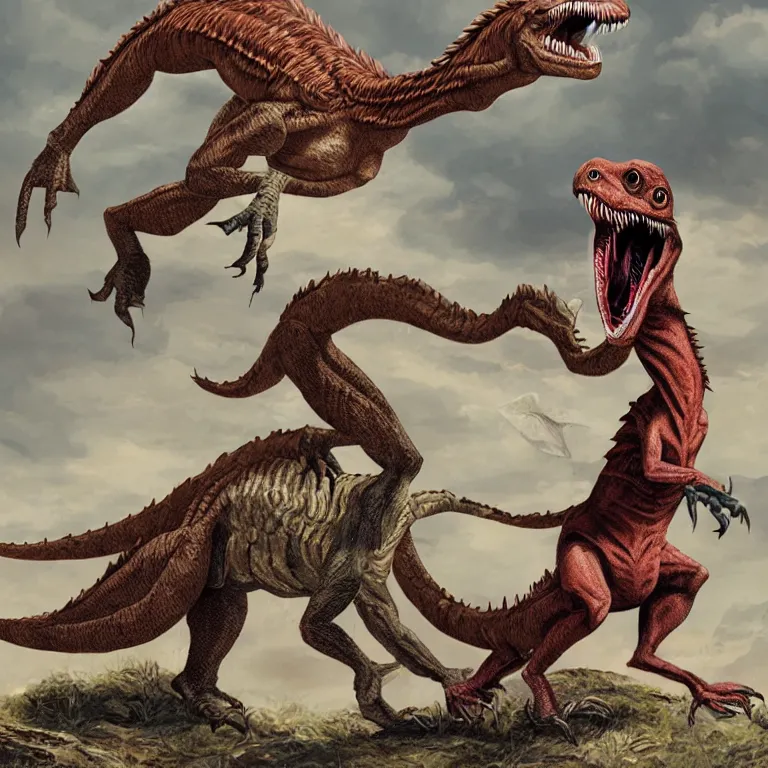 Image similar to a velociraptor jumping on a d & d barbarian