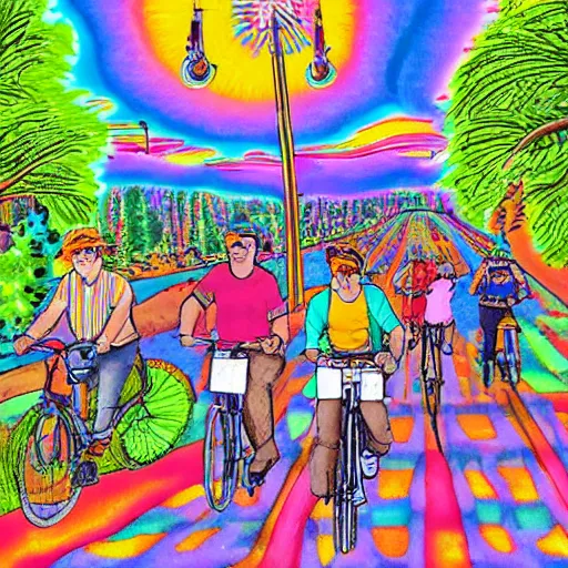 Image similar to hoffman bicycle trip, blotter art, in the style of lisa frank