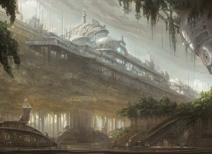 Image similar to Industrial Airship manufactory inside a beautiful elven city made of white marble, anime, lush trees, fountain, a fantasy digital painting by Greg Rutkowski and James Gurney, trending on Artstation, highly detailed