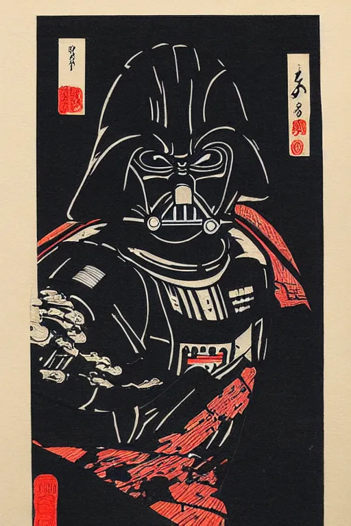 Image similar to Japanese woodblock print of Darth Vader, Hokusai