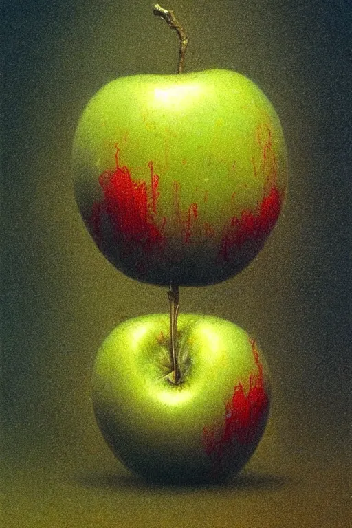 Image similar to something strange on my apple, close up of an apple, by zdzislaw beksinski, by dariusz zawadzki, by wayne barlowe, gothic, surrealism, cosmic horror, lovecraftian, cold hue's, warm tone gradient background, concept art, beautiful composition