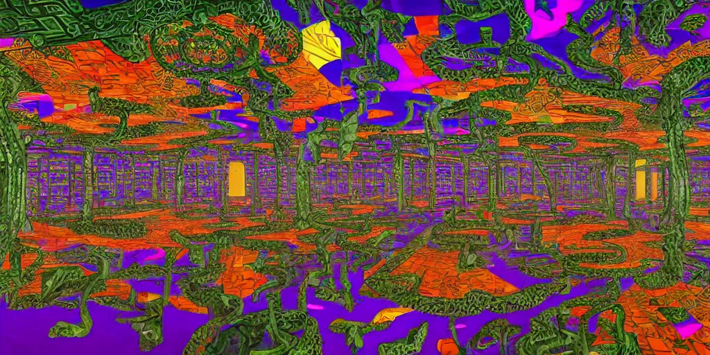 Image similar to liminal space virtual art museum in a 9 0's video game in the style of mc escher and heironymus bosch, colorful intricate masterpiece, hyper detailed, hd screenshot