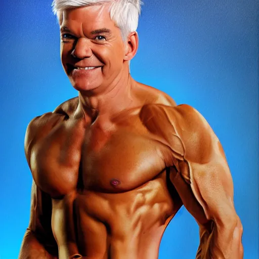 Image similar to Phillip schofield with the physique of a body builder, realistic, highly detailed, 4k, eye contact, digital painting,