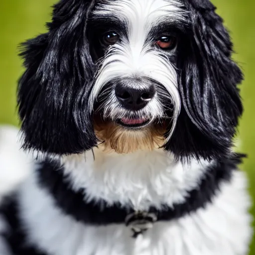 Image similar to closeup photo of a black coton-de-tulear dog, wearing a monocle and a fluffy hat, 50mm, dramatic lighting