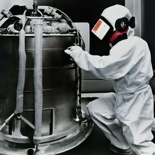 Prompt: a scientist wearing a hazmat suit, crouched next to an atomic bomb, 1960's, panasonic 35mm