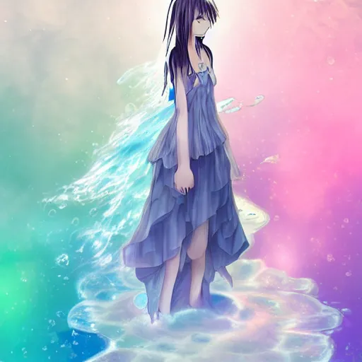 Image similar to advanced digital art a very cute anime girl wearing a dress made of water standing in a crystal lake turning into mist full body