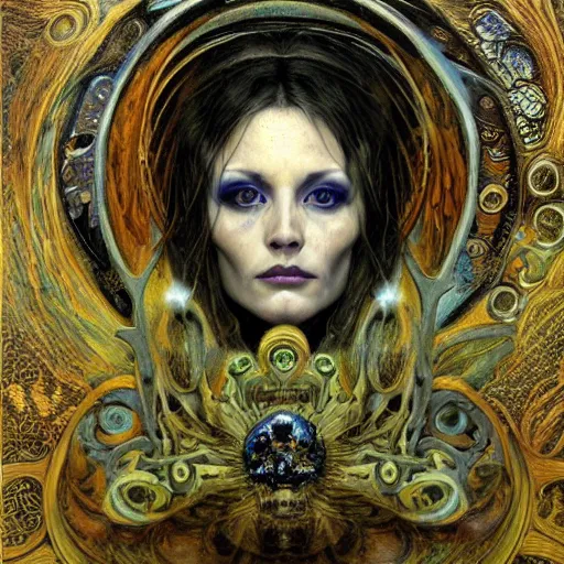 Prompt: Memento Mori by Karol Bak, Jean Deville, Gustav Klimt, and Vincent Van Gogh, beautiful visionary mystical portrait, skulls, bones, otherworldly, fractal structures, ornate gilded medieval icon, third eye, spirals, haunted memories