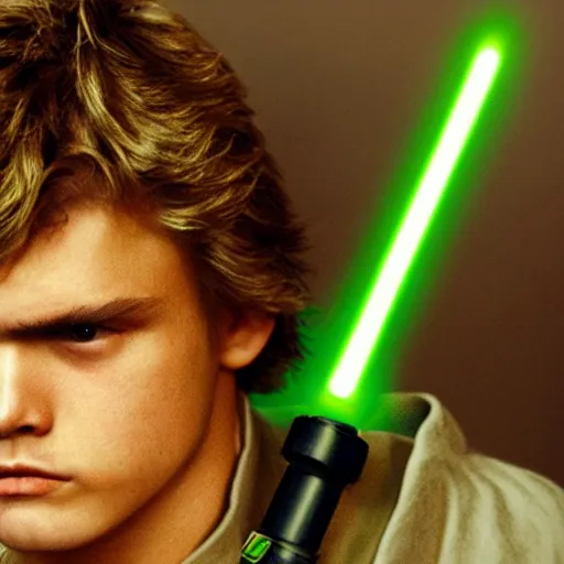 Prompt: anakin skywalker with green lightsaber, detailed photo, portrait, sharp.