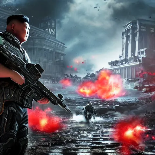 Image similar to kim - jong un in gears of war, splash art, movie still, detailed face, cinematic lighting, dramatic, octane render, long lens, shallow depth of field, bokeh, anamorphic lens flare, 8 k, hyper detailed, 3 5 mm film grain