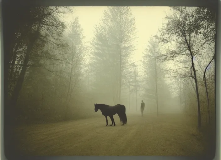 Image similar to medium shot, an evil horse is walking, woods, horror, fog, polaroid photo, vintage, neutral colors, by gregory crewdson,