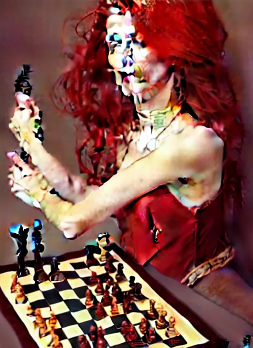 Image similar to a full body fashion photography of a girl playing chess, red hair, intricate, elegant, clearly visible face, highly detailed, digital gallery painting, artstation, concept art, smooth, sharp focus, illustration, art by artgerm and greg rutkowski and alphonse mucha, 8 k