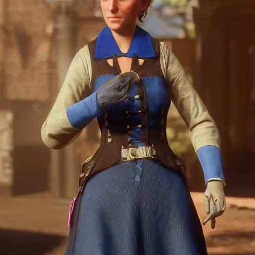 Prompt: of princess isabeau katharina zinsmeister from red dead redemption 2 as a 2 1 year long blonde har with a birth mark on her right hand and left cheek fully body view