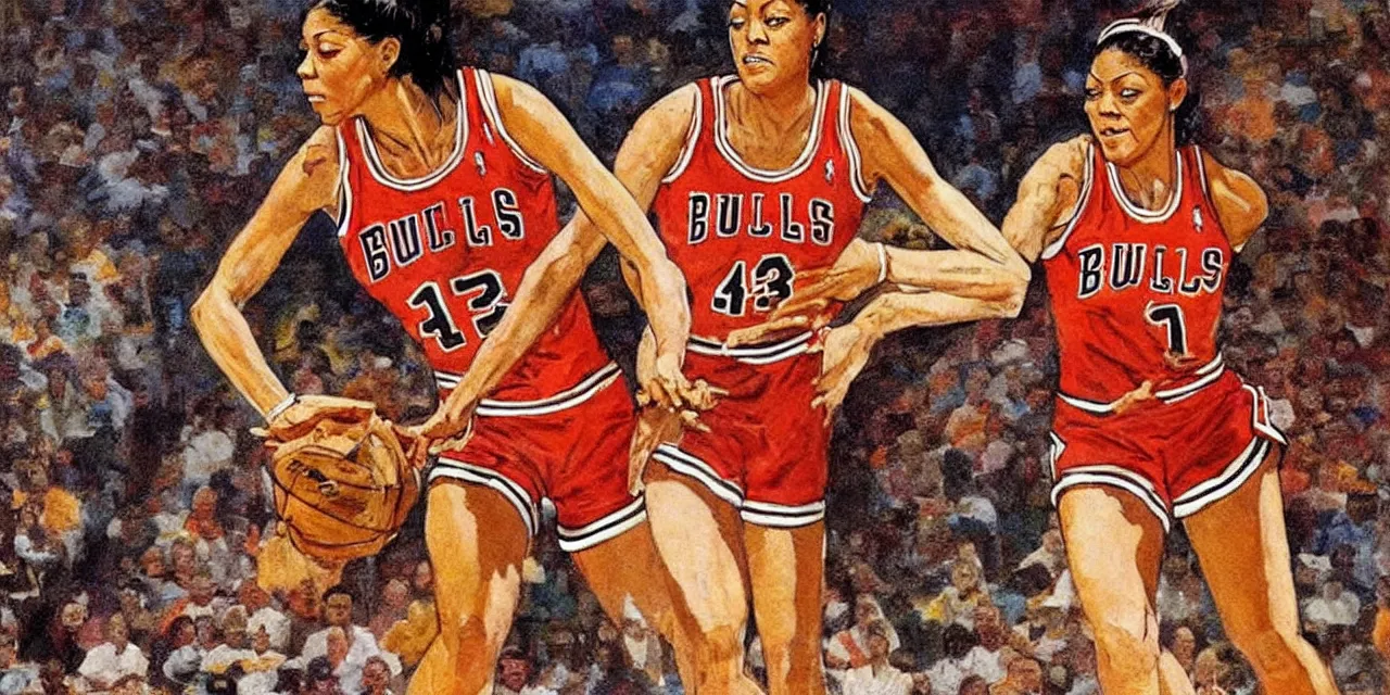 Image similar to candace parker playing basketball in a chicago bulls jersey art by frank frazetta, wide angle view,