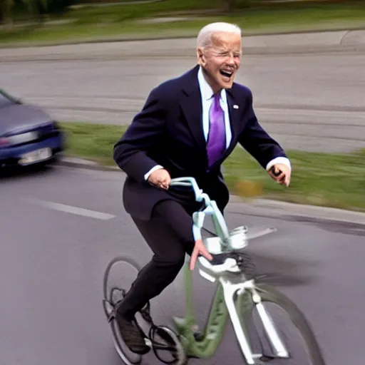 Image similar to ultra realistic photo of joe biden falling off of his bike, film, perfect face, in the style of a candid photo