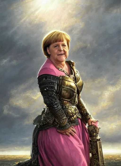 Image similar to Angela Merkel wearing black Armor, epic portrait of a very strong muscled Amazon heroine, sun beams across sky, pink golden hour, stormy coast, intricate, elegance, highly detailed, shallow depth of field, epic vista, Ralph Horsley, Daniel F. Gerhartz, Artgerm, Boris Villajo, Lilia Alvarado