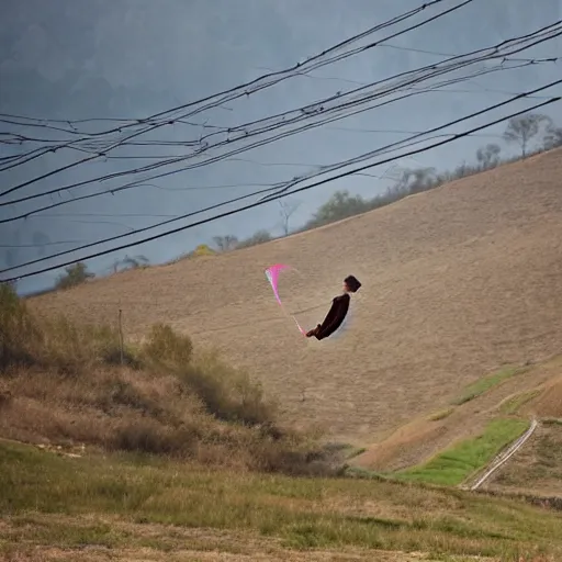 Image similar to a person on a hill flying a kite, next to a high-voltage transmission lines, in the style of filmmaker Shunji Iwai,