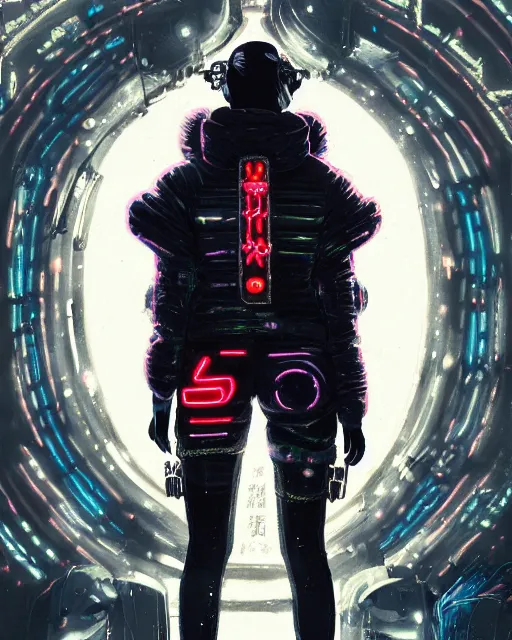 Image similar to neon operator margot robbie, cyberpunk futuristic neon, reflective puffy jacket, decorated with traditional japanese ornaments by ismail inceoglu dragan bibin hans thoma greg rutkowski alexandros pyromallis nekro rene maritte illustrated, perfect face, fine details, realistic shaded, fine - face, pretty face