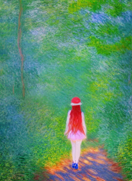 Prompt: an extremely cute girl hiking in a forest, very anime, trending artwork, 4 k, anime painter studio, an impressionist style by claude monet