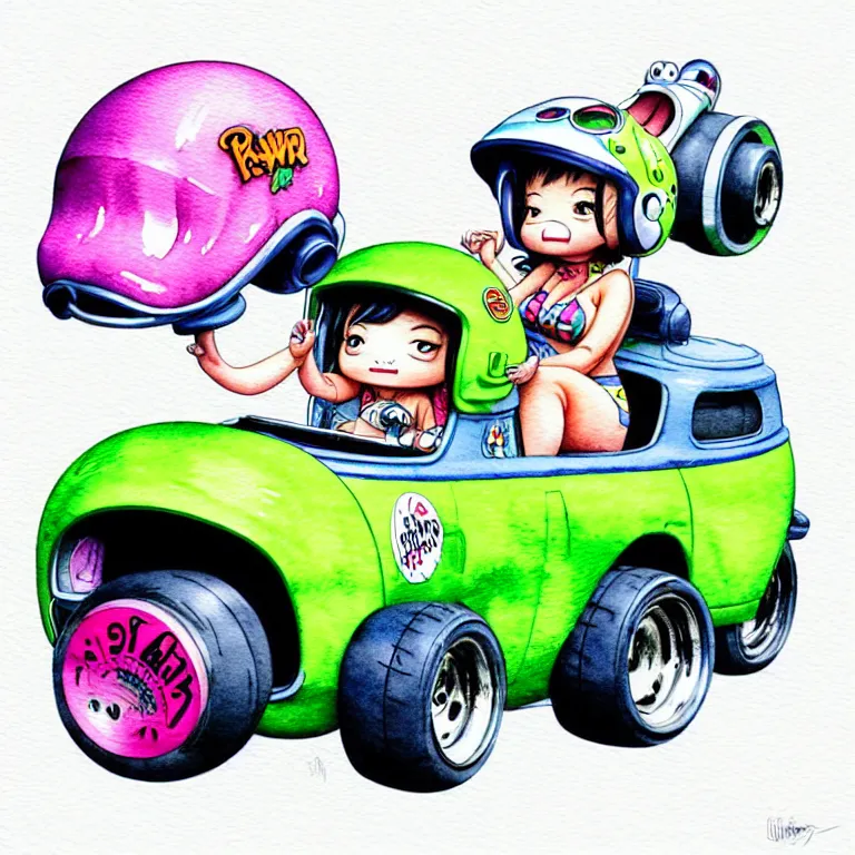 Prompt: cute and funny, pawg wearing a helmet riding in a tiny hot rod with an oversized engine, ratfink style by ed roth, centered award winning watercolor pen illustration, isometric illustration by chihiro iwasaki, edited by range murata, tiny details by artgerm and watercolor girl, symmetrically isometrically centered, sharply focused