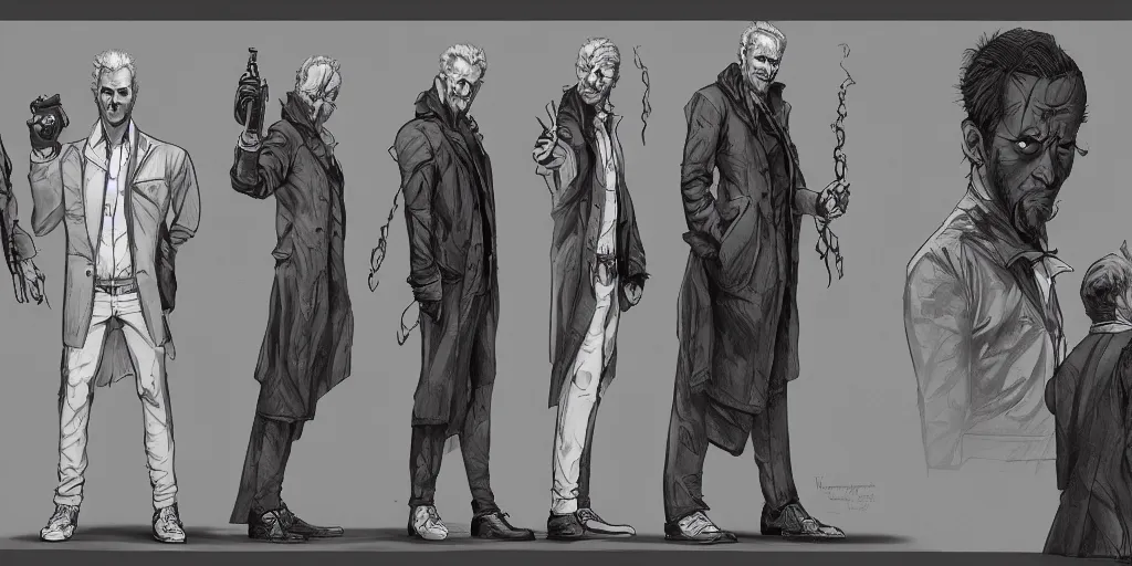 Prompt: john constantine, character sheet, concept design, contrast, kim jung gi, greg rutkowski, zabrocki, karlkka, jayison devadas, trending on artstation, 8 k, ultra wide angle, pincushion lens effect