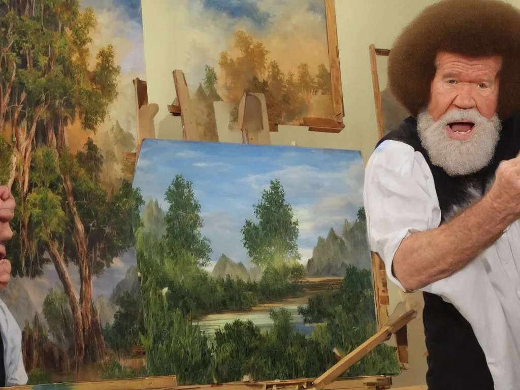 Image similar to old bob ross is sad and angry and yelling at a huge painting of nature by bob ross