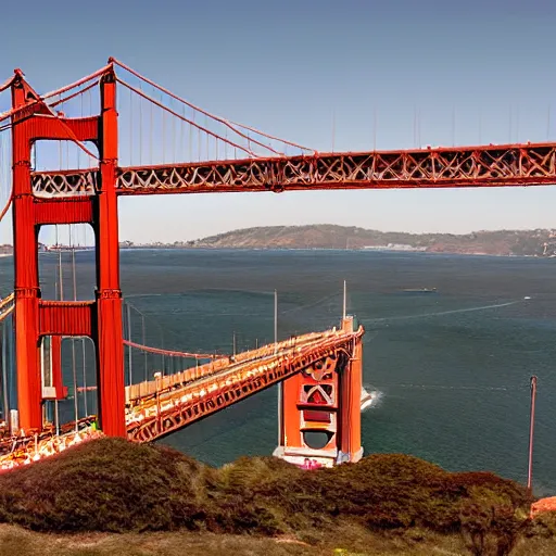 Image similar to the golden gate bridge made of fried eggs by greg rutkowski and frank lloyd wright