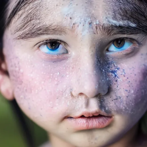 Image similar to a little blue-skinned girl with messy black hair sharp pointed ears freckles along the ridges of her cheeks, high resolution film still, 4k, HDR colors