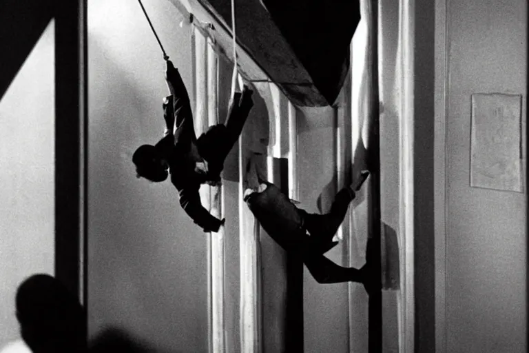 Image similar to donald trump as a spy hanging from a ceiling, breaking in, mission impossible photograph, tv show, cinematic