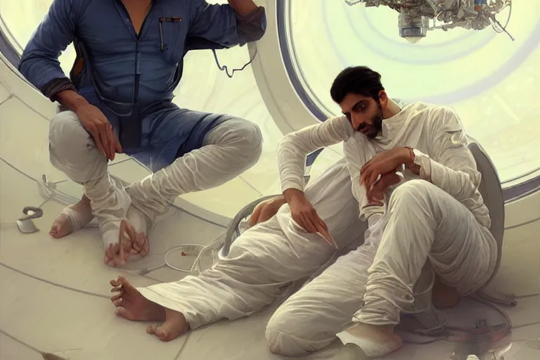 Image similar to Sensual good looking pale young Indian doctors wearing jeans asleep in a space station above Earth performing surgery, portrait, elegant, intricate, digital painting, artstation, concept art, smooth, sharp focus, illustration, art by artgerm and greg rutkowski and alphonse mucha