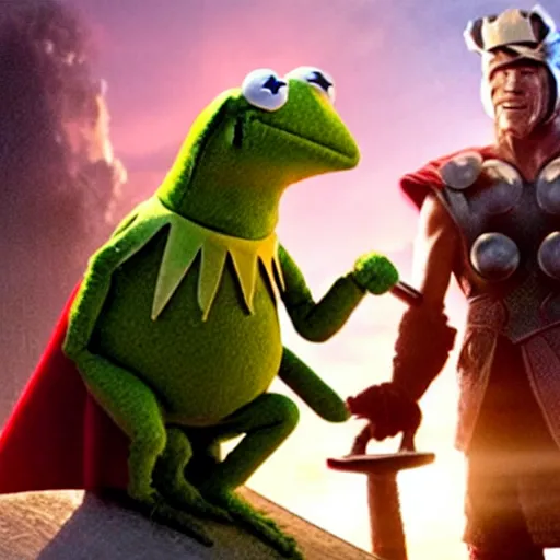 Prompt: photo of Kermit the frog as thor holding mjolnir in averngers movie
