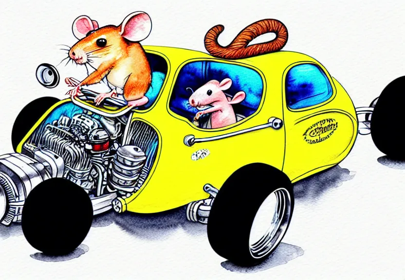 Image similar to cute and funny, rat riding in a tiny hot rod coupe with oversized engine, ratfink style by ed roth, centered award winning watercolor pen illustration, isometric illustration by chihiro iwasaki, edited by range murata