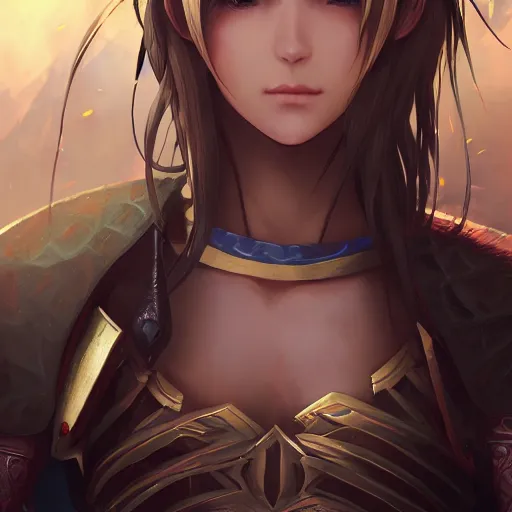 Image similar to a female warrior, character art portrait, anime key visual, official media, illustrated by wlop, extremely detailed, 8 k, trending on artstation, cinematic lighting, beautiful