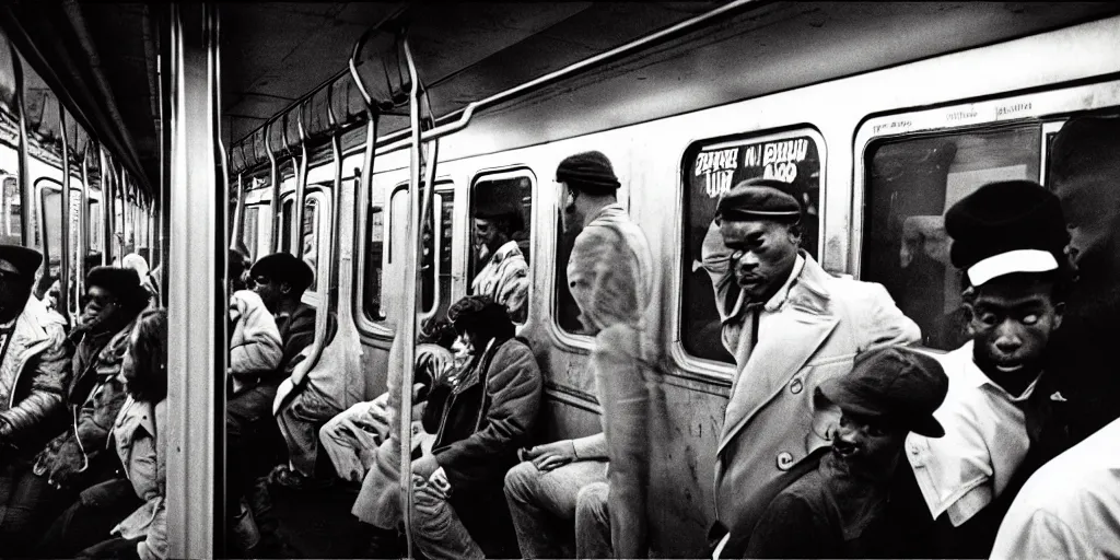 Image similar to new york subway cabin 1 9 8 0 s inside all in graffiti, black guy in the black beret, coloured film photography, christopher morris photography, bruce davidson photography