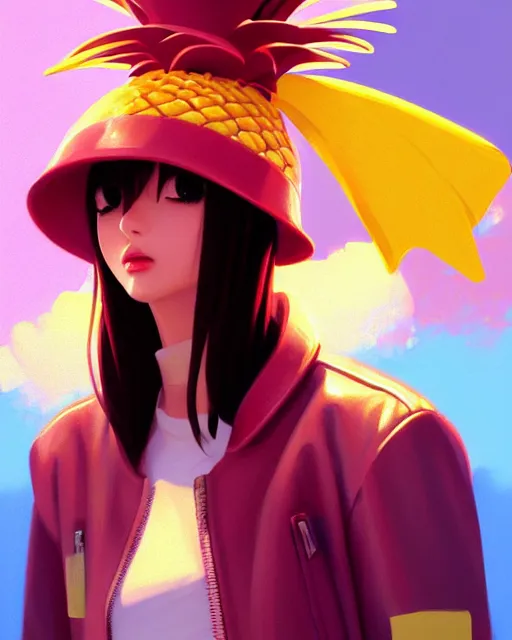 Image similar to pineapple girl wearing a candy hat and leather jacket, fine detail!! anime!! realistic shaded lighting!!, kim hyun joo, pixelated breath, digital painting by ilya kuvshinov, magali villeneuve, artgerm, jeremy lipkin and michael garmash and rob rey