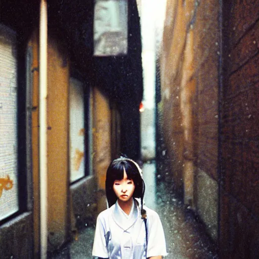 Image similar to 1990s perfect 8K HD professional cinematic photo of close-up japanese schoolgirl posing in sci-fi dystopian alleyway at morning during rain, at instagram, Behance, Adobe Lightroom, with instagram filters, depth of field, taken with polaroid kodak portra