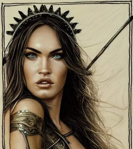 Image similar to portrait of beautiful megan fox as greek goddess aphrodite as an archer, arrow crown, beautiful piercing eyes, flowing blonde hair, realistic face, black and white drawing, in the style of greg rutkowski, fantasy, amazing detail, epic, intricate, elegant, smooth, sharp focus