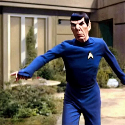 Image similar to A screenshot of Spock in a slapstick movie, action shot