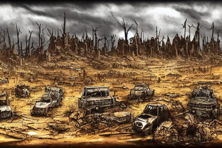 Image similar to a post apocalyptic landscape by boss ross.