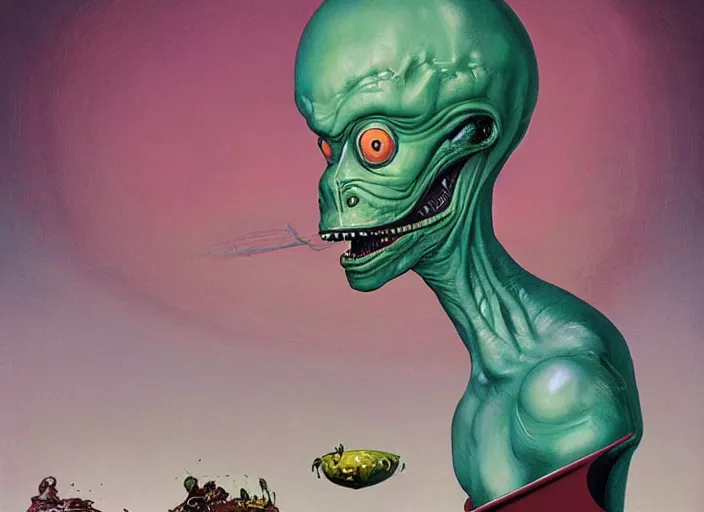 Prompt: a alien made out of slime from futurama by francis bacon, surreal, norman rockwell and james jean, greg hildebrandt, and mark brooks, triadic color scheme, by greg rutkowski, in the style of francis bacon and syd mead and edward hopper and norman rockwell and beksinski, dark surrealism, open ceiling