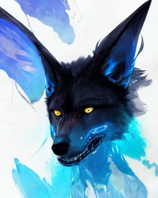 Image similar to concept art of a black wolf with blue neon wings, highly detailed painting by dustin nguyen, akihiko yoshida, greg tocchini, 4 k, trending on artstation, 8 k