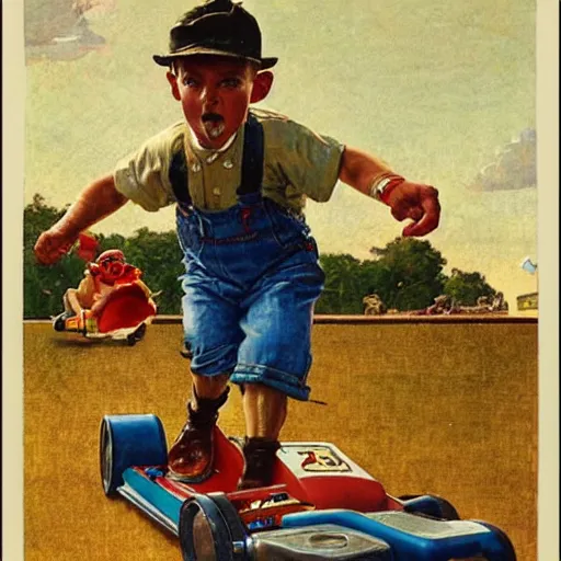 Prompt: a Norman Rockwell painting of a boy driving his go-kart with mario