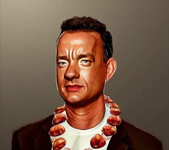 Image similar to Tom hanks as forrest gump wearing a necklace of shrimps around the neck, realistic face, digital art, in the style of Raphael Lacoste, amazing detail, artstation