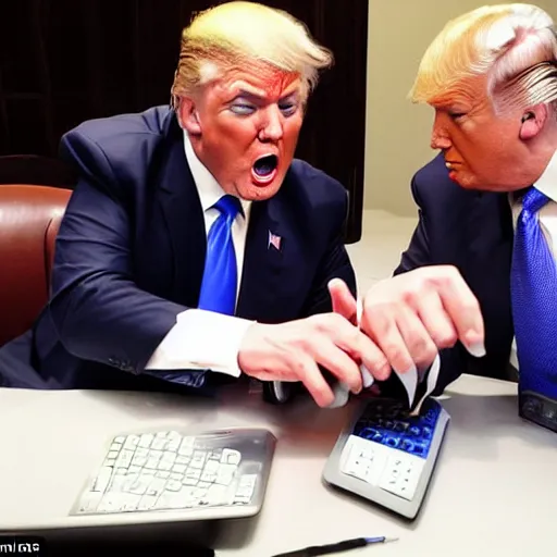 Prompt: giga chad showing donald trump how to use a calculator